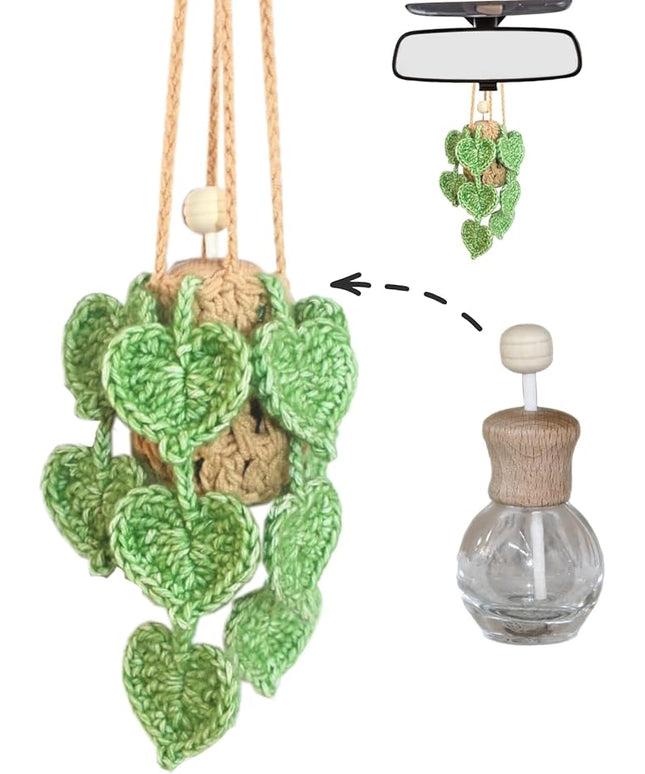 Handmade Crochet Hanging Car Air Freshener- Lifelike Green Pothos for Hanging with 12ml Thick Refillable Glass Diffuser Bottle, Suitable Decor for Car Rearview Mirror, Home & Wellness Spaces