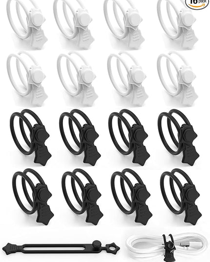 16 Pack Silicone Cable Ties, Reusable Star Design Cord Organizer Straps With 2 Binding Methos, Durable & Stretchable Wire Management for Home, Office, Travel (Black&White)