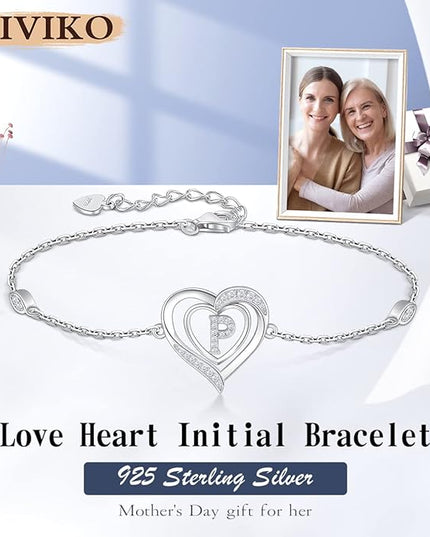 RIVIKO Heart Initial Bracelets for Women,925 Sterling Silver Letter Bracelets, Personalized Charm Alphabet Jewelry Valentines Christmas Mother’s Day Birthday Gifts for Women Friend Her Mom Wife Lady