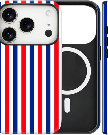 Magnetic for iPhone 17 Pro Max Case Cute Stripes Phone Case, Shockproof Slim TPU and Hard PC Protective Phone Cover Compatible with MagSafe Designed for Women Girls, Red and Blue