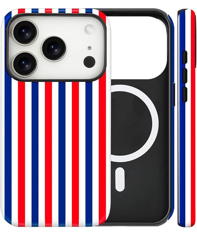 Magnetic for iPhone 17 Pro Max Case Cute Stripes Phone Case, Shockproof Slim TPU and Hard PC Protective Phone Cover Compatible with MagSafe Designed for Women Girls, Red and Blue