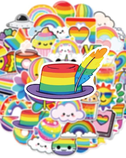 50PCS Rainbow Stickers, Waterproof Vinyl Decals Cute Water Bottle Stickers for Notebooks, Stationery, Luggage, Cartoon PVC Happy Stickers