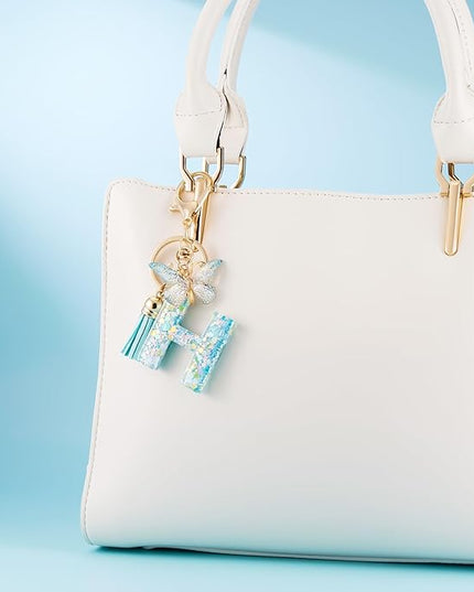 Fashion Alphabet Initial Letter Keychain Tassel Butterfly Pendant Key Ring for Purse Handbags Women Girl