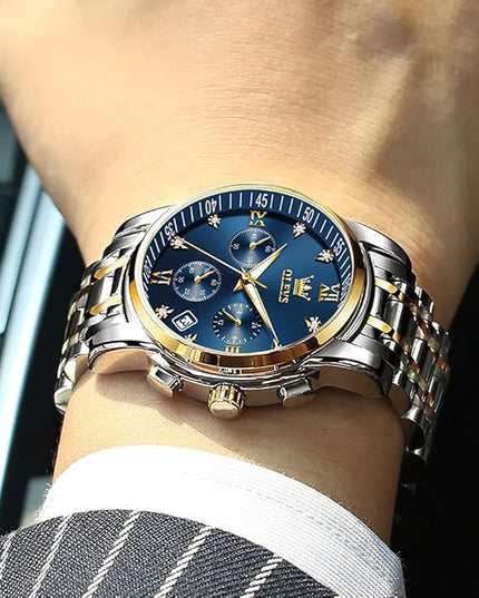 OLEVS Men's Luxury Watch Waterproof Luminous Easy Read Chronograph Watches Full Gold/White Dail/Black Face with Calendar Wristwatch