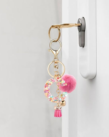Resin Alphabet Initial Letter Keychain Keyring for Women Purse Handbags With Fur Ball Pom