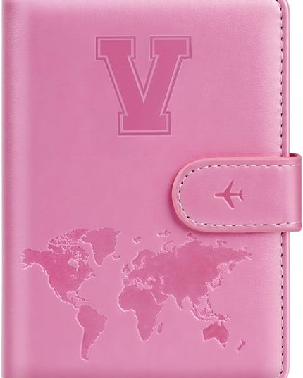Passport Holder Cover Initail Letter A-Z Travel Wallet 3D Embossed Design RFID Blocking Card Holder Personalized Gift Passport Cover Wallet, Passport Book Holders for Women and Girls, Pink-V
