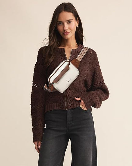 LATMAP 3L Fanny Packs for Women Cross Body Bag Vegan Leather Chest Belt Bag Fashion Waist Pack Small Bum Bag Crossbody for Travel Running Workout, Beige with Brown
