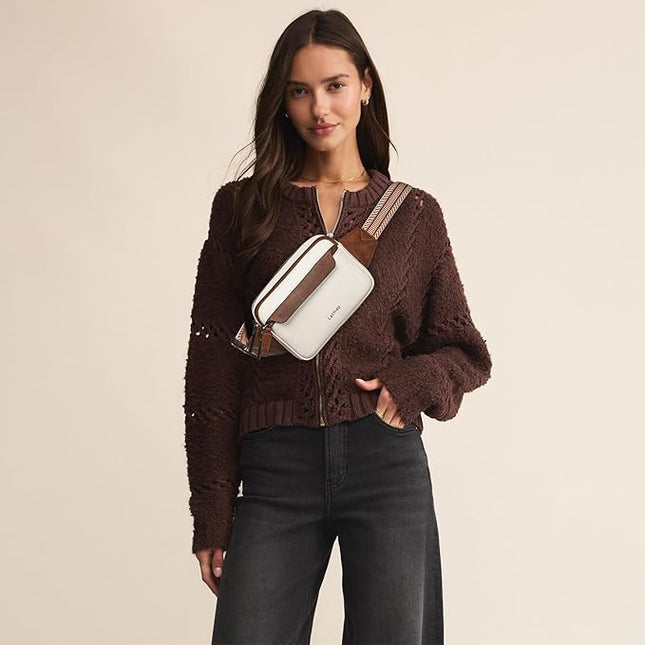 LATMAP 3L Fanny Packs for Women Cross Body Bag Vegan Leather Chest Belt Bag Fashion Waist Pack Small Bum Bag Crossbody for Travel Running Workout, Beige with Brown