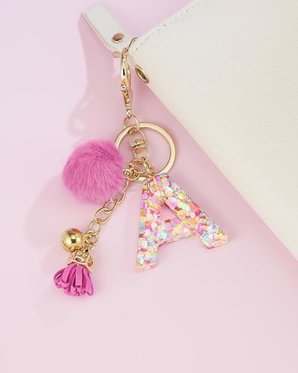 Resin Alphabet Initial Letter Keychain Keyring for Women Purse Handbags With Fur Ball Pom