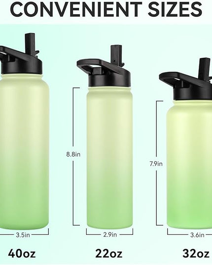 DOMICARE Insulated Water Bottle, 22 oz Vacuum Insulated Stainless Steel Reusable Sports Bottle with Straw Lid & Spout Lid for Travel, Camping, Bike, Leakproof, Green Gradient, 4 Pack