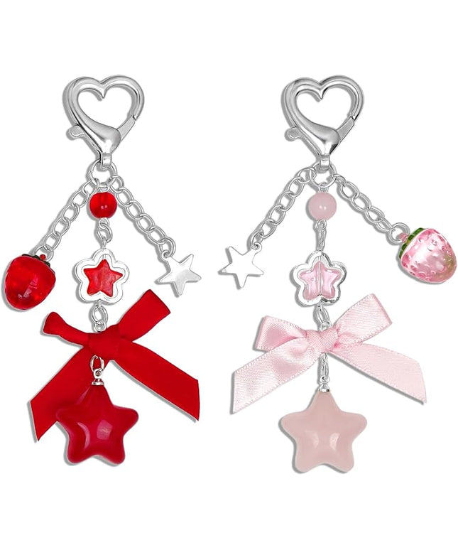 Keychain for Women Gold Bow Angel Wings KeyChains Novel Star Heart Strawberry Racket Pendants Bag Charm Key Chains