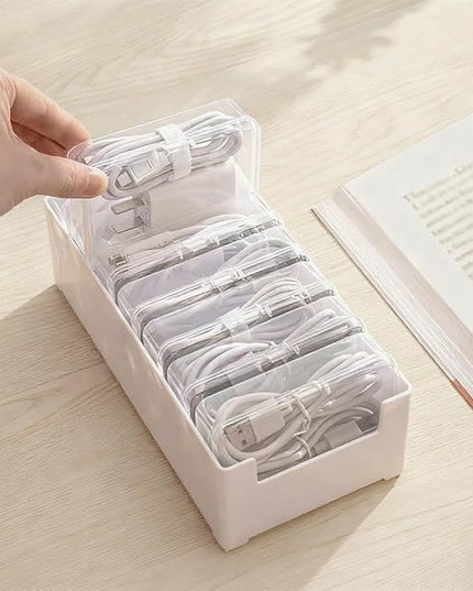Cable Organizer Storage Box with 7 Wire Ties and Label Stickers,Desktop Cable Management Box with Switch, Power Cord Organizer for Office,Home,Desk Accessories Storage Stationery Supplies（Clear）