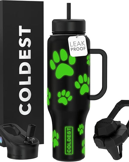 Coldest Tumbler with Handle and Straw - 100% Leak Proof Insulated Tumbler with Lid and Straw (3 Lids) - Stainless Steel Tumblers for Women & Men - Cup Holder Friendly Base, 46 oz (Glowie Paws)