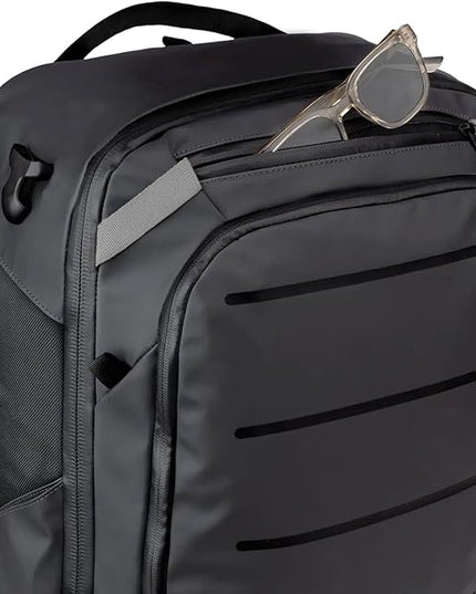 Käydä 44L Travel Backpack - Spacious Carry On Backpack with Detachable Travel Pouch, Magnetic Water Bottle Pocket, Passport and Laptop Pocket - Convertible Boot Bag for Snow Sports (Black/Silver)