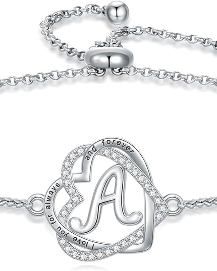 TOUPOP Gifts for Women Heart Initial Bracelet 925 Sterling Silver Double Heart Bracelet Birthday Jewelry Birthday Christmas Gifts for Her Wife Girlfriend
