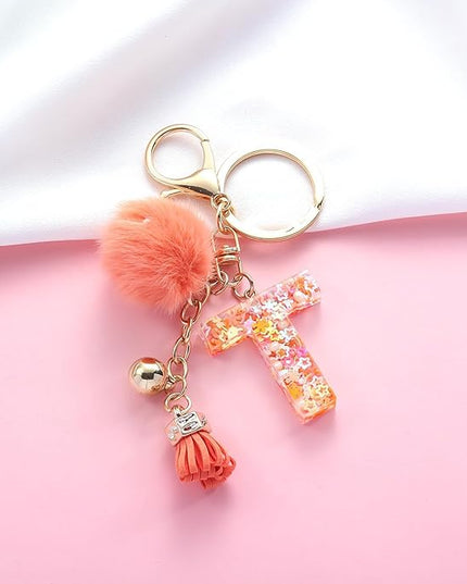 Resin Alphabet Initial Letter Keychain Keyring for Women Purse Handbags With Fur Ball Pom