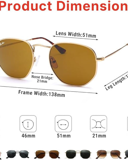 Pro Acme Small Square Sunglasses for Women Men 100% Real Glass Lens Hexagonal Frame