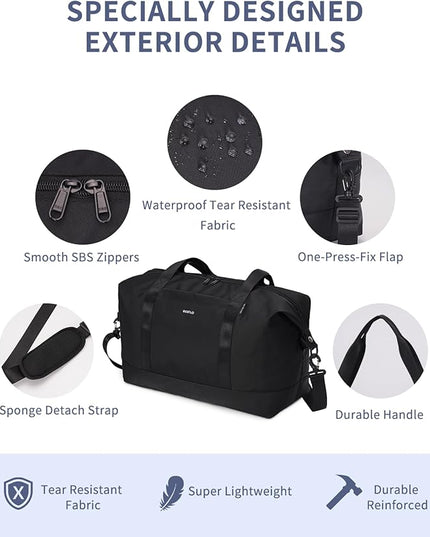 ECOHUB Travel Duffel Bag, Water Resistant Weekender Bag Carry On Bags for Women, Sport Gym Bags for Men, Hospital Bag for Labor and Delivery, Overnight Bag Luggage Bag with Trolley Sleeve, 30L Black