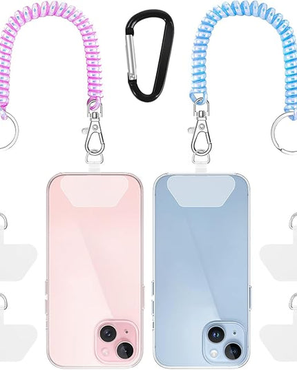 SHANSHUI Phone Tether, 2 Pcs Anti Theft Spring Phone Strap, 4 x Tether Pacthes & Carabiner Clips Universal Cellphone Lanyard for Keys Outdoor Skiing Hiking Fishing Fitting for All Smartphones