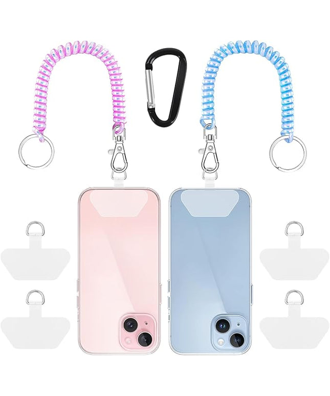 SHANSHUI Phone Tether, 2 Pcs Anti Theft Spring Phone Strap, 4 x Tether Pacthes & Carabiner Clips Universal Cellphone Lanyard for Keys Outdoor Skiing Hiking Fishing Fitting for All Smartphones
