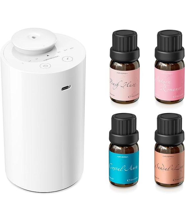 Airversa Waterless Essential Oil Diffuser Starter Kit with 4 x 10mL Fragrance Scent Oil, Battery Operated Mini Scent Air Machine Portable Diffuser for Home Car Office, AN6 White Kit01
