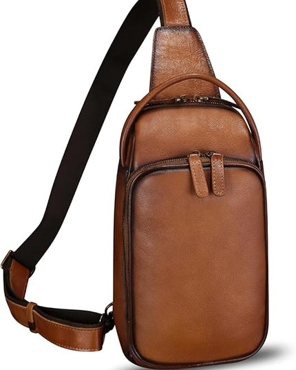 Genuine Leather Sling Bag Retro Crossbody Backpack Handmade Chest Shoulder Hiking Daypack Fanny Purse
