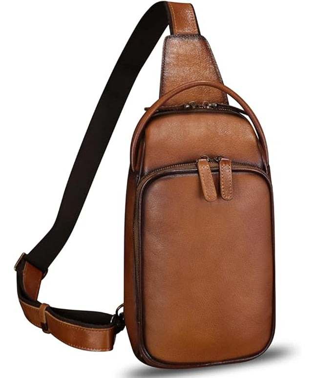 Genuine Leather Sling Bag Retro Crossbody Backpack Handmade Chest Shoulder Hiking Daypack Fanny Purse