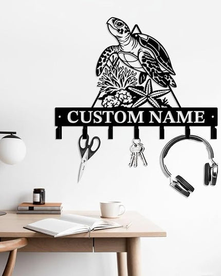 Casebrick Custom Sea Turtle Metal Wall Hooks,Key Holder-Personalized Iron Wall Decor for Keys, Coats & Home Organization (Black, Handmade,Decorative for Entryway, Beach,Bedroom,Office) (Style M)