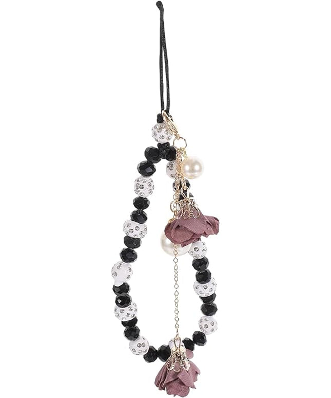 POPETPOP Crystal Flower Pendant Beaded Phone Charm Non-Slip Wrist Strap 6.7 Inch for Cell Phones Keys and Wallet Accessories