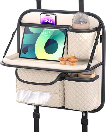 Leather Car Backseat Organizer with Foldable Table Tray - Cup/Tissue/Tablet Holder, Car Seat Back Storage Organizer, Road Trip Essentials for Adults & Kids (white)
