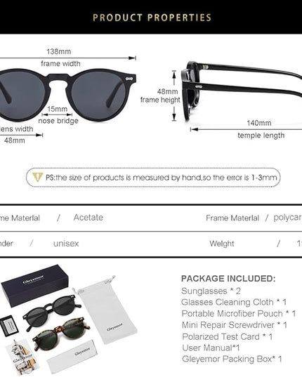 Gleyemor Vintage Polarized Sunglasses for Men Round Sunglasses UV400 Protection Retro Hand-crafted Acetate Frame