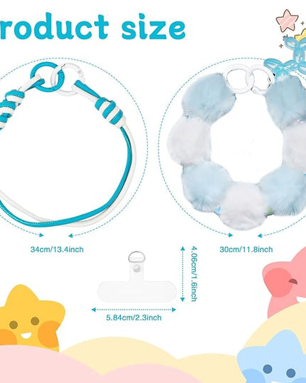 2 Pcs Phone Charm Wrist Strap with Tether Tab, Double Anti Lost Fluff Ball Beaded Wrist Lanyard, Detachable Leather Phone Charms for Bag, Key Chains, Camera Decor