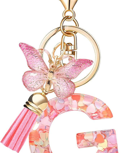 Fashion Alphabet Initial Letter Keychain Tassel Butterfly Pendant Key Ring for Purse Handbags Women Girl