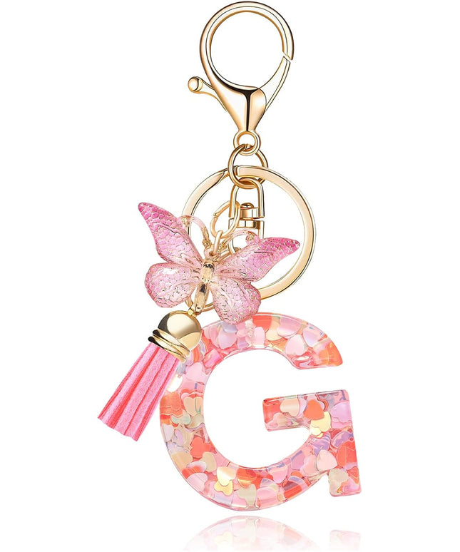 Fashion Alphabet Initial Letter Keychain Tassel Butterfly Pendant Key Ring for Purse Handbags Women Girl