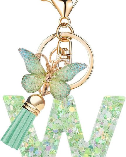 Fashion Alphabet Initial Letter Keychain Tassel Butterfly Pendant Key Ring for Purse Handbags Women Girl