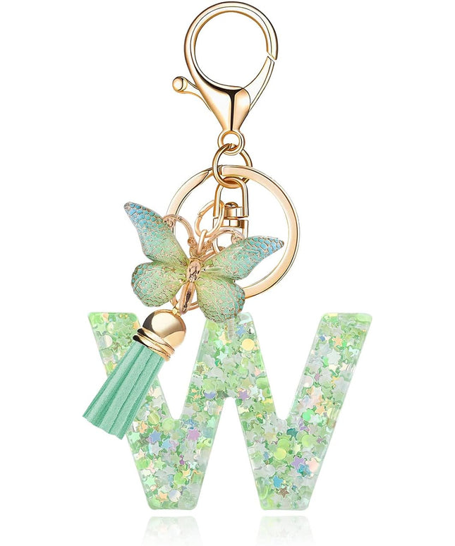 Fashion Alphabet Initial Letter Keychain Tassel Butterfly Pendant Key Ring for Purse Handbags Women Girl