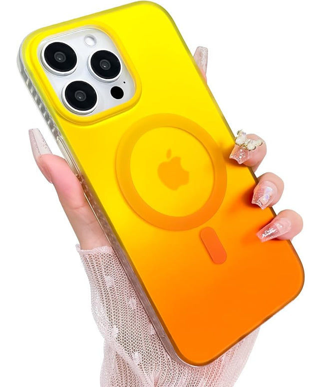 Aesthetic Case for iPhone 12 & 12 Pro Case for Women Girls, Compatible with Magsafe, Cute Girly Trendy Glitter Sparkly Rainbow Magnetic Protective Phone Cover, Matt Iridescent Yellow & Orange