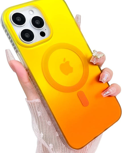 Aesthetic Case for iPhone 15 Pro Case for Women Girls, Compatible with Magsafe, Cute Girly Trendy Glitter Sparkly Rainbow Magnetic Protective Phone Cover, Matte Iridescent Yellow & Orange