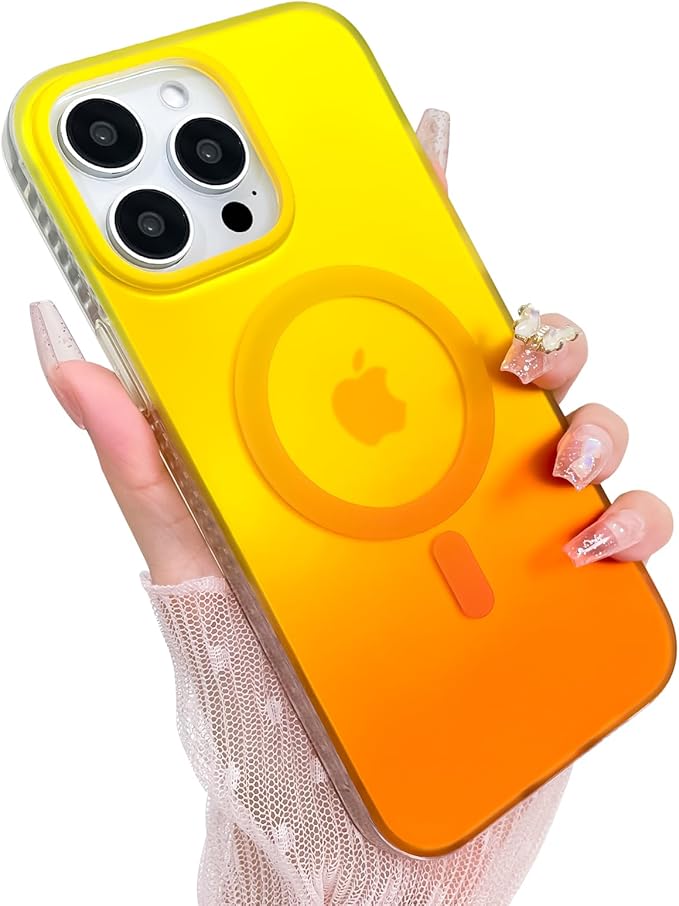 Aesthetic Case for iPhone 15 Pro Case for Women Girls, Compatible with Magsafe, Cute Girly Trendy Glitter Sparkly Rainbow Magnetic Protective Phone Cover, Matte Iridescent Yellow & Orange