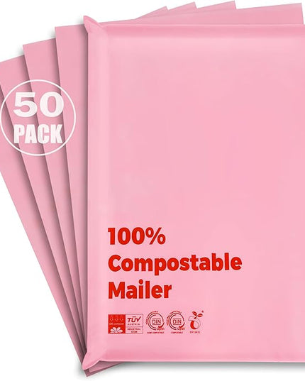 100% Compostable 10x15 inch Shipping Bags with Self Seal Waterproof Shipping Mailers with Eco Friendly Packaging Envelopes Supplies Mailing Bags BPI Certified Pink, 50 Counts