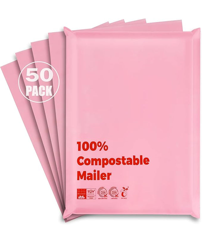 100% Compostable 10x15 inch Shipping Bags with Self Seal Waterproof Shipping Mailers with Eco Friendly Packaging Envelopes Supplies Mailing Bags BPI Certified Pink, 50 Counts