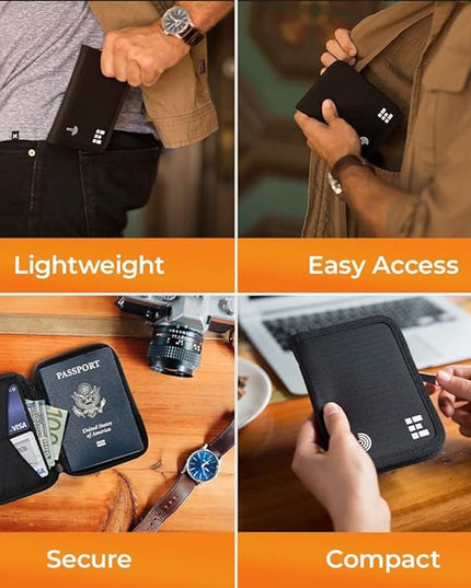 Zero Grid Passport Holder & Travel Wallet with RFID Blocking, Premium Document Organizer for Men & Women, Holds Passports, Cards, Tickets, ID & Cash, Compact Zippered Wallet - Midnight Black