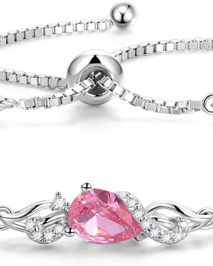 FANCIME Birthstone Teardrop Tennis Bracelet for Women, Sterling Silver 9x7mm main Gemstone Bolo Adjustable Chain Bracelet Fine Jewelry Birthday Gifts for Women Mom Wife Her