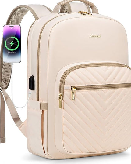 LOVEVOOK Laptop Backpack for Women 17.3 inch,Cute Womens Travel Backpack Purse,Professional Laptop Computer Bag,Waterproof Work Business College Teacher Bags Carry on Backpack with USB Port,Off-white