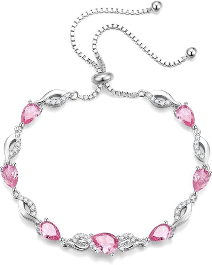 FANCIME Birthstone Teardrop Tennis Bracelet for Women, Sterling Silver 9x7mm main Gemstone Bolo Adjustable Chain Bracelet Fine Jewelry Birthday Gifts for Women Mom Wife Her