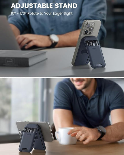 Lamicall Upgraded 2.3oz Light for Magsafe Wallet Stand - Slim Phone 3 Cards Holder, Adjustable Leather Apple iPhone Wallet Stand, Magnetic for iPhone 17/16/15/14 Series, Not for Mini, Dark Blue