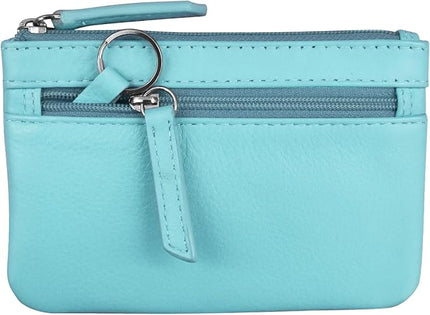 ili New York Mini Leather Coin Purse, Compact Design with Key Ring and RFID Protection for Women and Men in Vibrant Colors, Aegean Blue