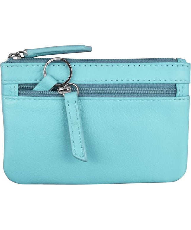 ili New York Mini Leather Coin Purse, Compact Design with Key Ring and RFID Protection for Women and Men in Vibrant Colors, Aegean Blue
