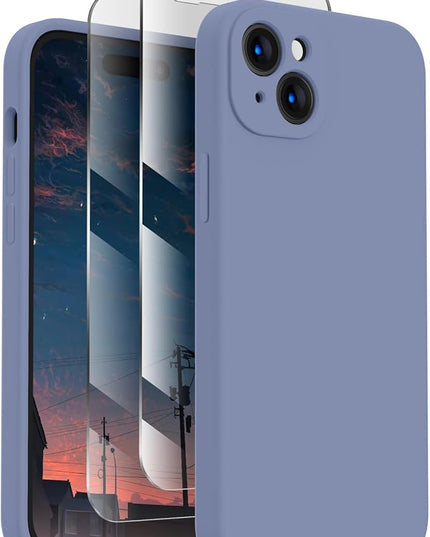 FireNova Designed for iPhone 15 Plus Case, Silicone [Camera Protection] Case with [2 Screen Protectors], Soft Anti-Scratch Microfiber Lining Inside, 6.7 inch, Lavender Gray