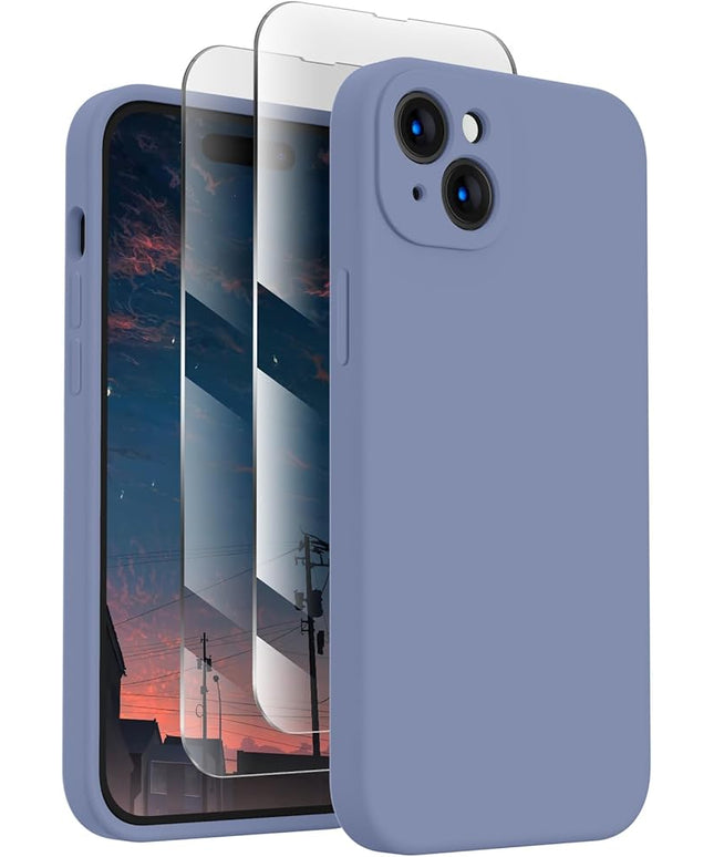 FireNova Designed for iPhone 15 Plus Case, Silicone [Camera Protection] Case with [2 Screen Protectors], Soft Anti-Scratch Microfiber Lining Inside, 6.7 inch, Lavender Gray